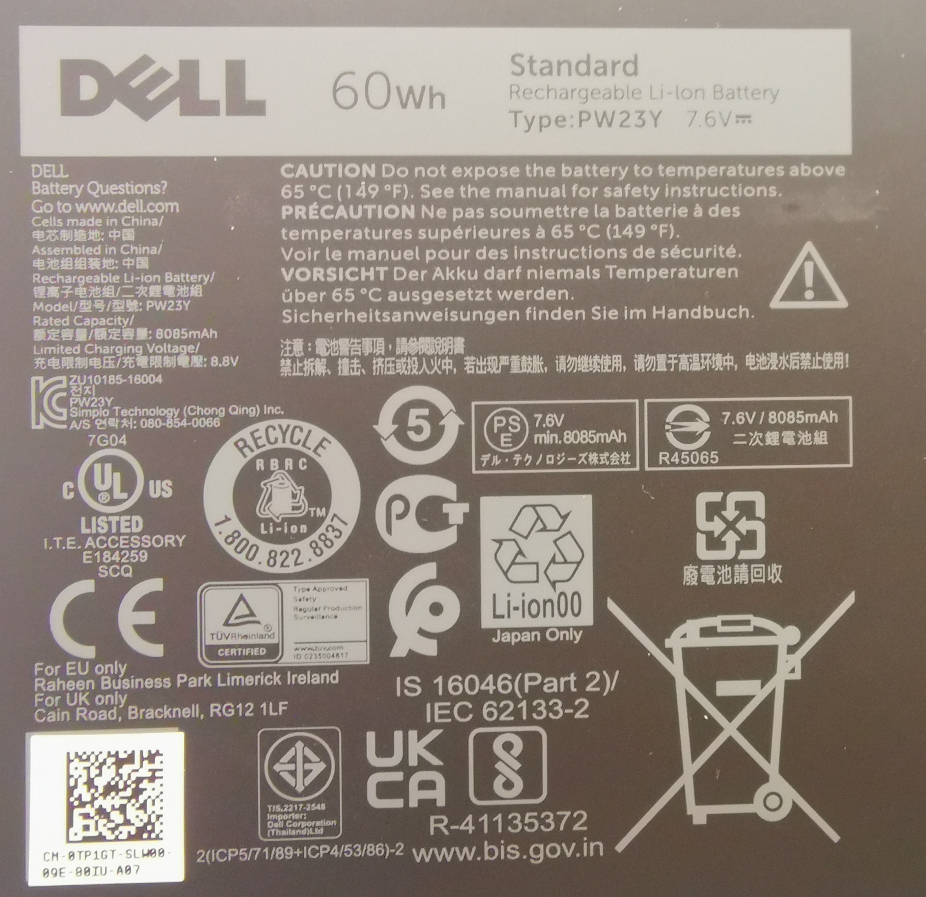 Original batérie pro notebook Dell XPS 13 9360 - TP1GT - PW23Y